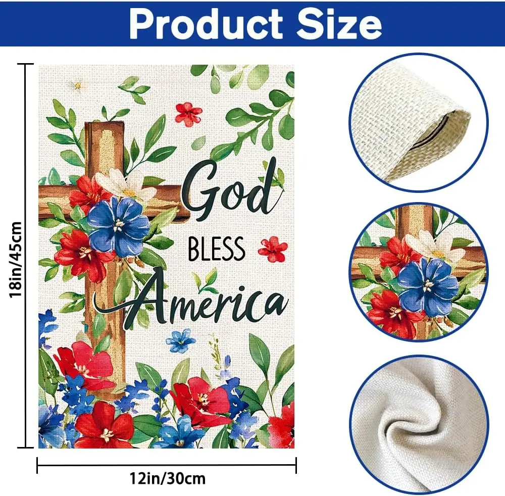 Memorial Day Patriotic 4th of July Garden Flag Double Sided, Cross Floral God Bless America Small Burlap Garden Flag for Out yyi