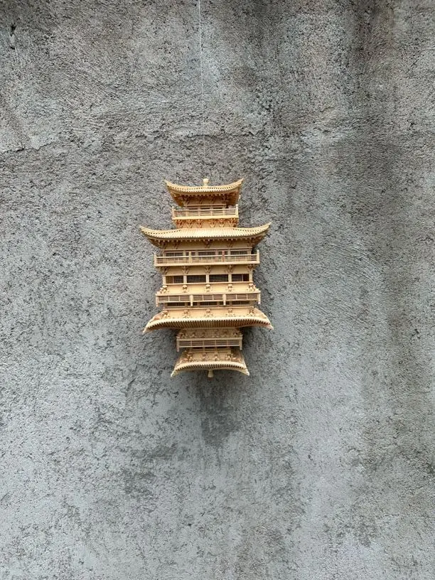 Hotel shopping mall large space decoration hanging wood carving ancient buildings