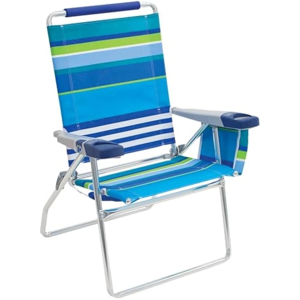 

17" Extended Height 4-Position Folding Beach, Camping, Lawn Chair, Stripe, With handrail Equipped with cup holder Beach Chairs
