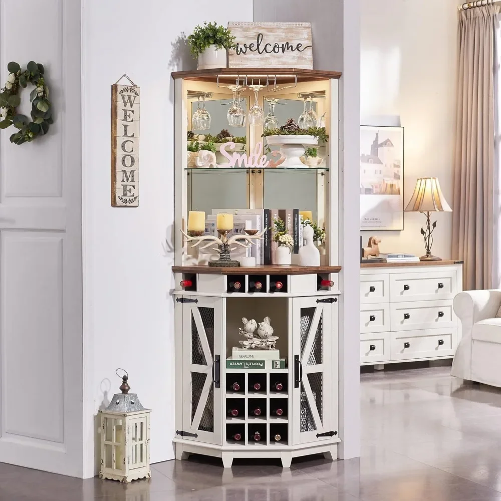 Farmhouse Wine Bar Cabinet w/Barn Door & Adjustable Shelf, Home Bar Cabinet w/LED Light & Glass Rack for Living Room