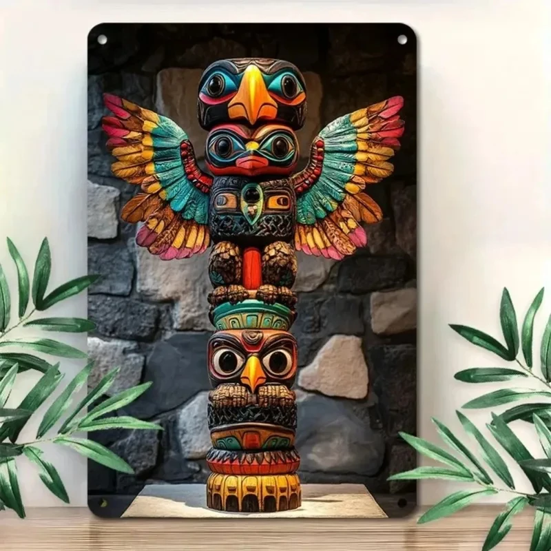2D Flat NativeTotemArt Native Themed Aluminum Ornament | Totem Pole in Stone-Walled Setting | Indigenous Art Aesthetic Decor,1pc