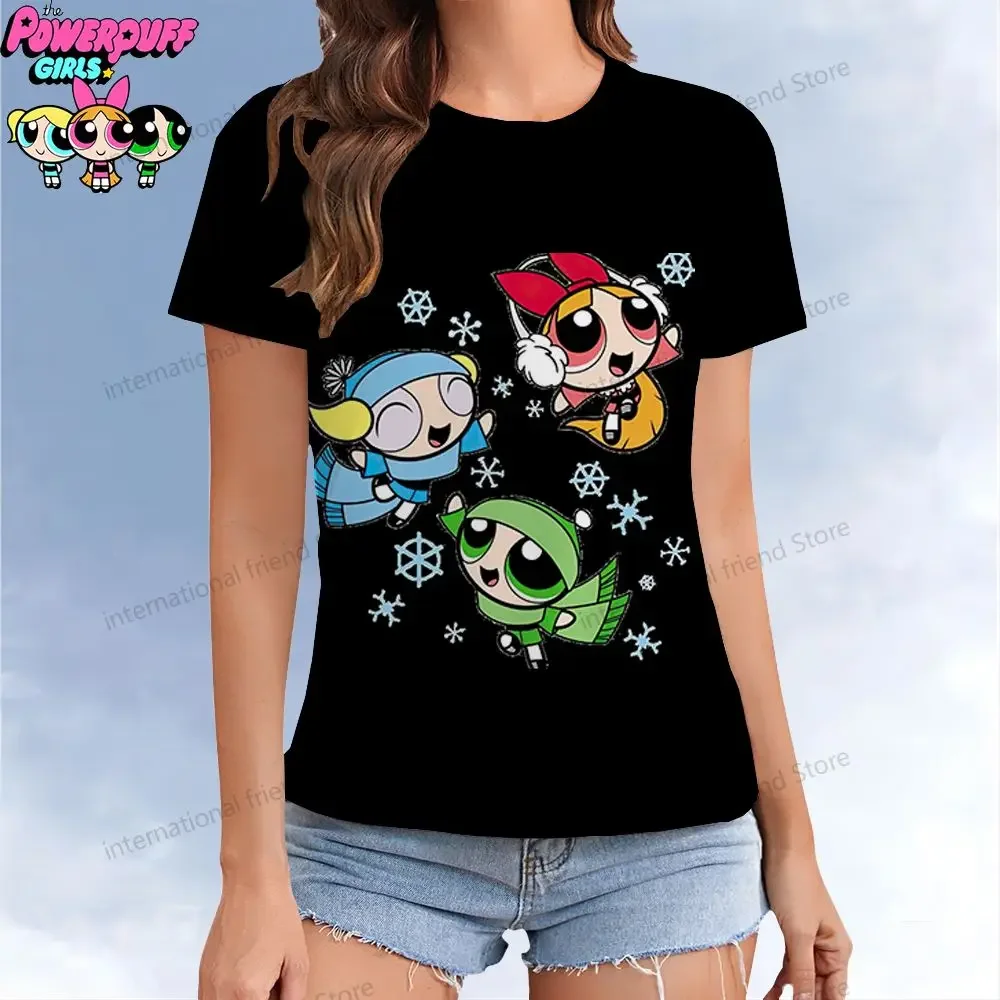 Women\'s  T-shirt The Powerpuff Girls Kawaii Short Sleeve Tee Woman Clothing O Neck T-shirts Street Wear XS-3XL 2024 Leisure Y2k