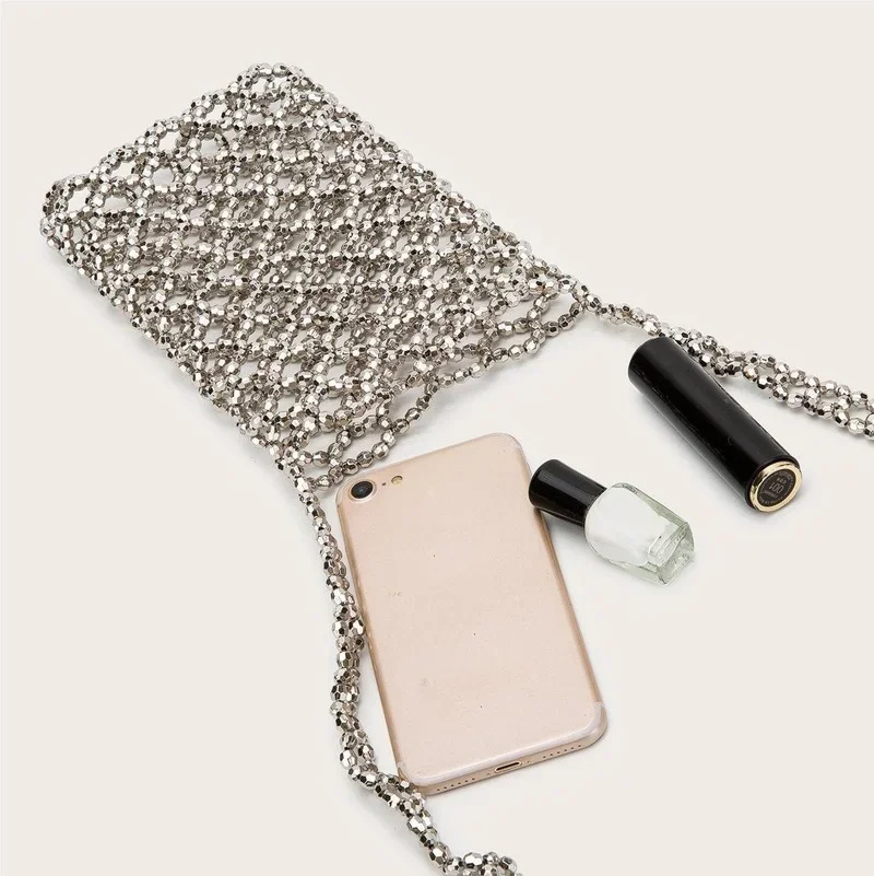 2022 Summer Silver Acrylic Hand-woven Beaded Bag Hollow Out Handmade Mobile Phone Messenger Bag Vertical Small Square Bag