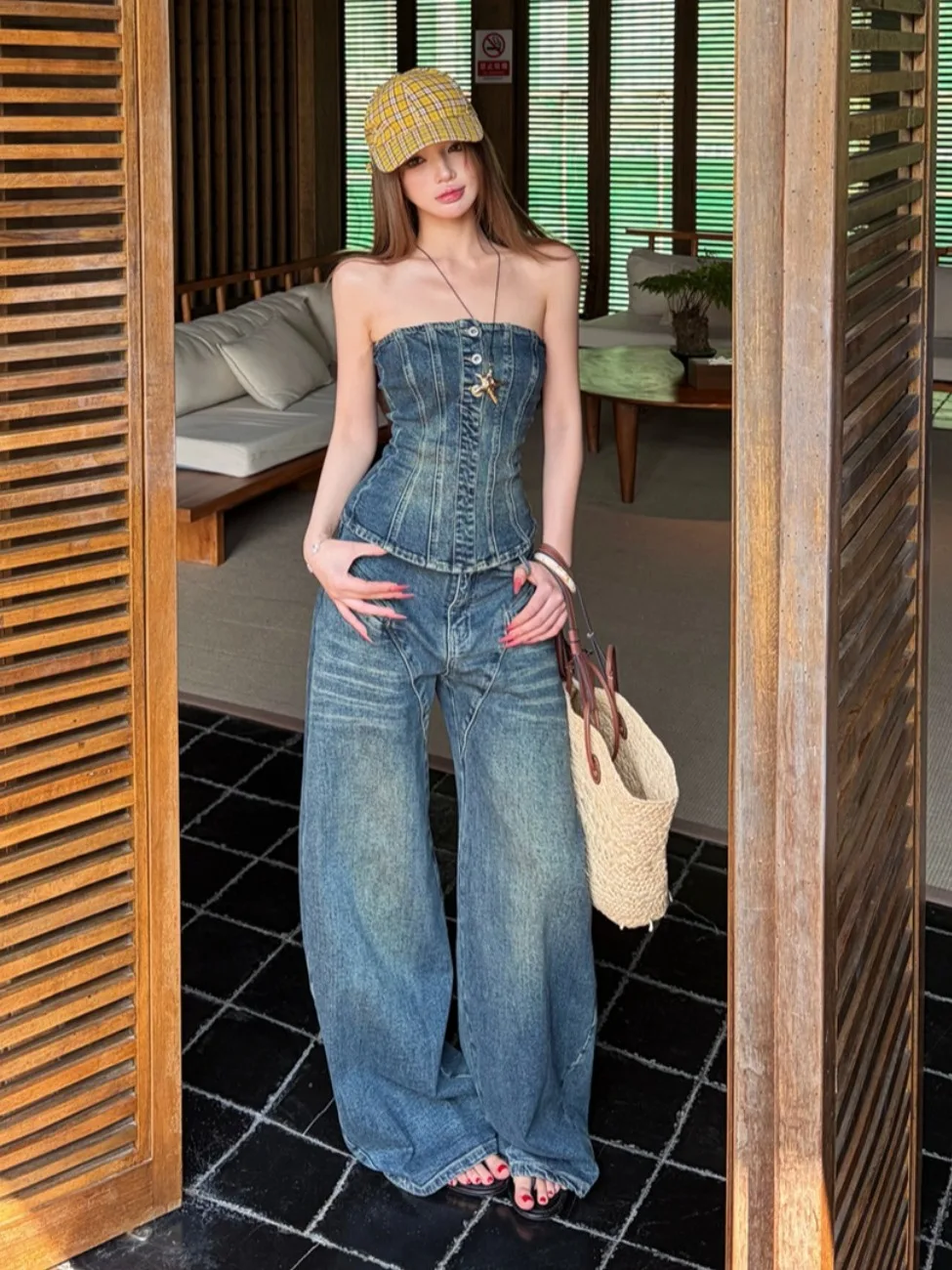 

Low Waist Wide Leg Pants And Tube Top Two Piece Set American Style Hot Girl Denim Summer New Arrival Women's Fashion Set
