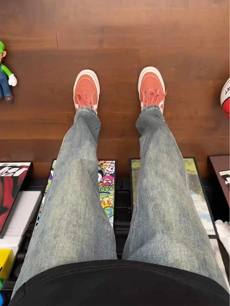 

Мужские джинсы в стиле ретро, синие, прямые, облегающие, длинные, молодежные, модные, с низкой посадкой, на молнии