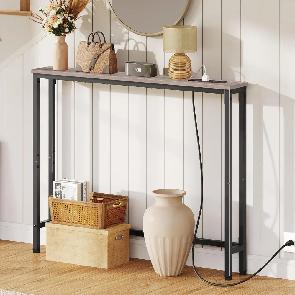 طاولة كونسول رفيعة 39.4 مع منافذ، وطاولة جانبية للأريكة موفرة للمساحة 5.9، وأثاث مدمج للمدخل