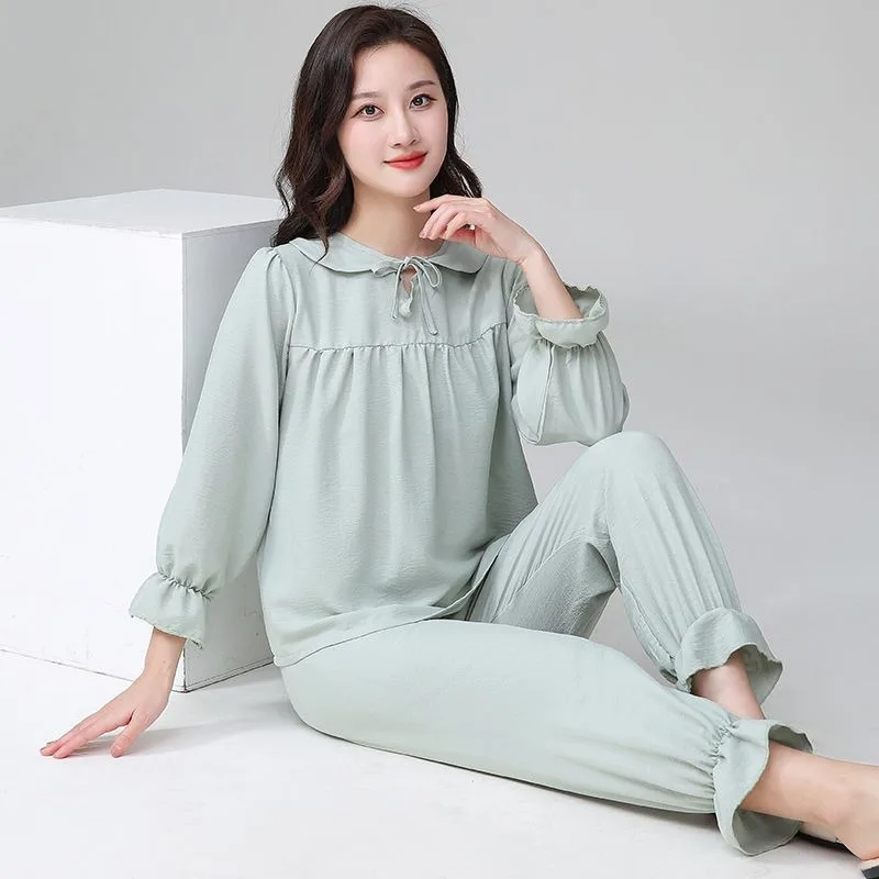 

2024 New Women's Pajamas Falbala Loose Loungewear Set Couples Pullover Long-sleeved Homewear Men's V-neck Thin Sleepwear Suit