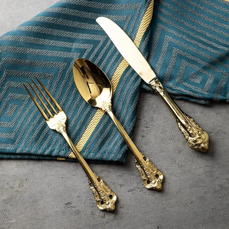 gold stainless steel steak western cutlery knife fork spoon three-piece set - light luxury solid color