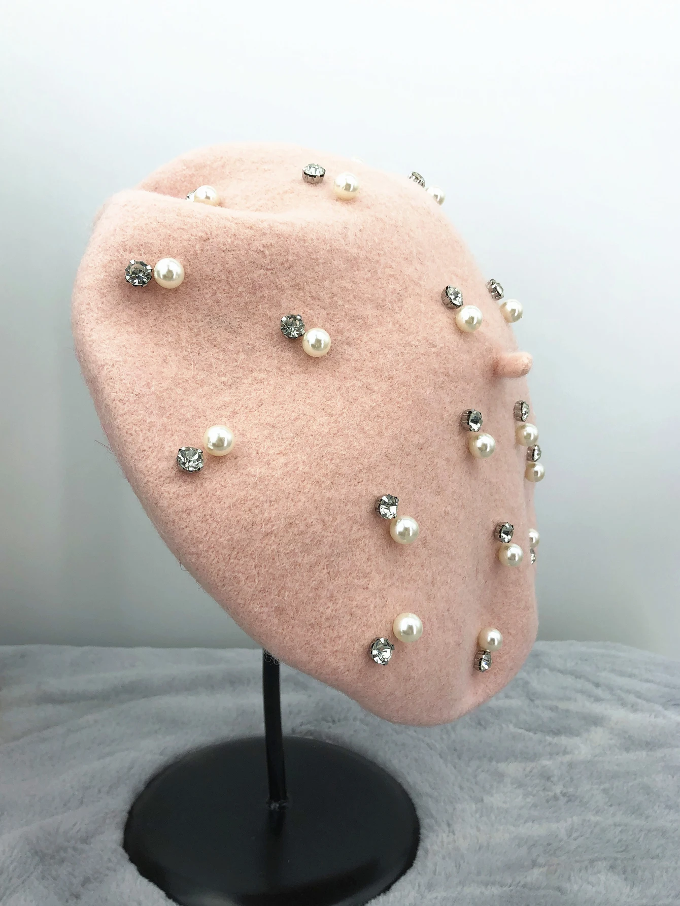 Women Solid Pink White Fuchsia Pearls Rhinestones Wool Beret Ladies Crystals Painter Hat Warm Winter Hat With Stones