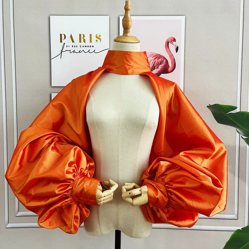 Orange Gold Fashion Jacket Puffy Sleeves Cloak Short Bolero Shawl High Neck With Buttons Bridal Accessories