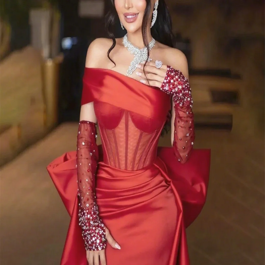 

Customized mermaid ball gown with shiny beaded bow on the shoulder, a sweet heart style women's formal evening dress