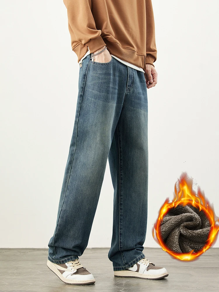 2025 inverno velo quente jeans masculino solto em linha reta vintage denim calças moda coreano streetwear grosso casual calças de veludo