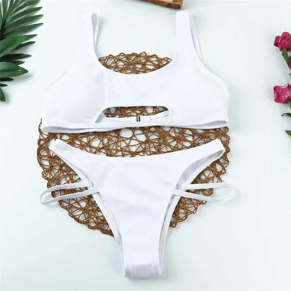 

Sexy String Bikini Hollow Out Tankini Micro Swimsuit Vacation Swimwear Beach Bathing Suit Ribbing Tanga Women 2 Piece Set Outfit