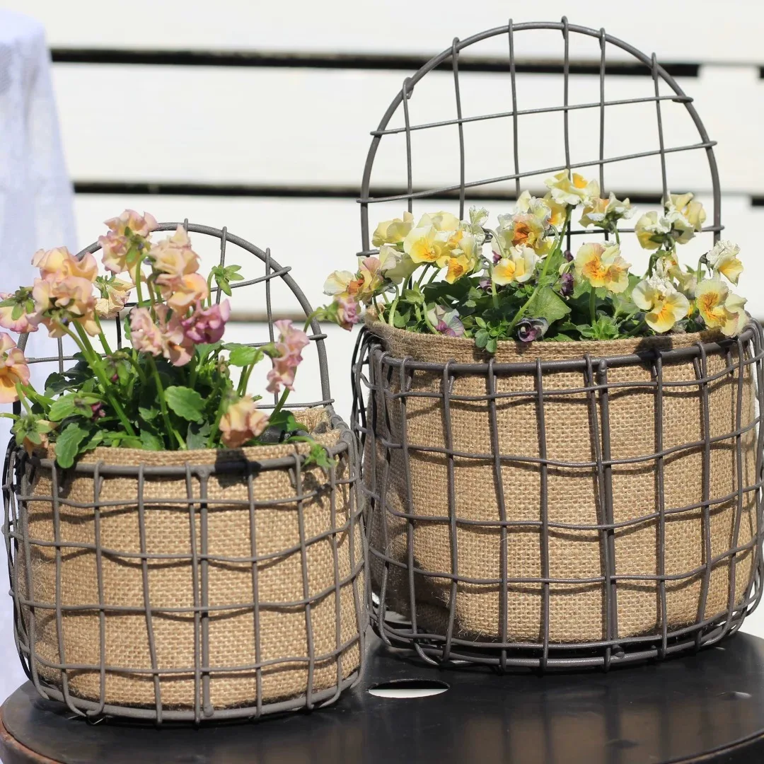 

Vintage Wire Mesh Wall Basket with Burlap Liner, Half Round Metal Grid Design, Rustic Farmhouse Decor