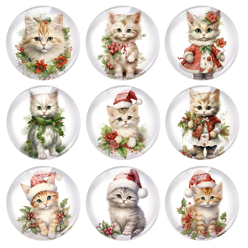 Handmade Cat Kitten Pets Christmas X-mas Winter Photo Glass Cabochon Charms Flatback Demo Flat Back Cameo For Diy Jewelry Making