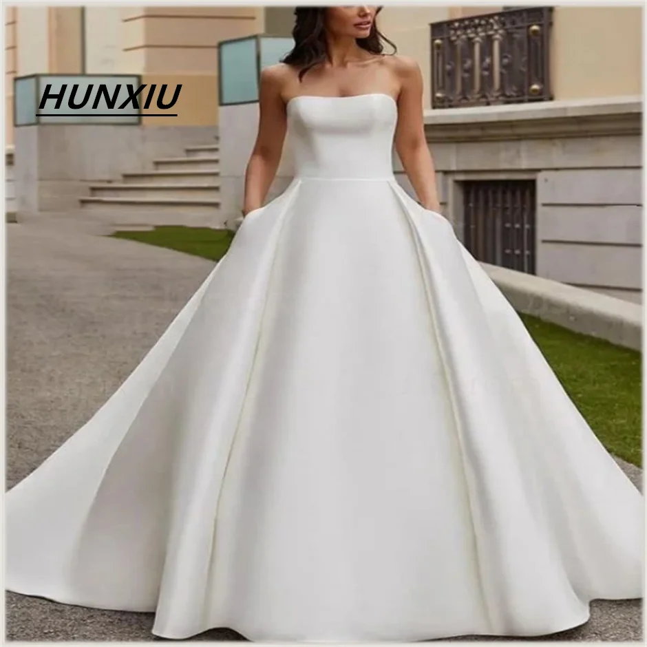 

Sexy Strapless Wedding Dresses Long White Satin A Line Robe De Mariée Backless Свадебное платье with Pockets