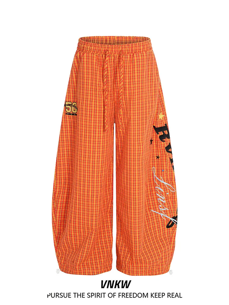 

Retro American Plaid Letter Embroidery Casual Pants Loose Straight Leg Wide Leg Sports Sweatpants for Men And Women