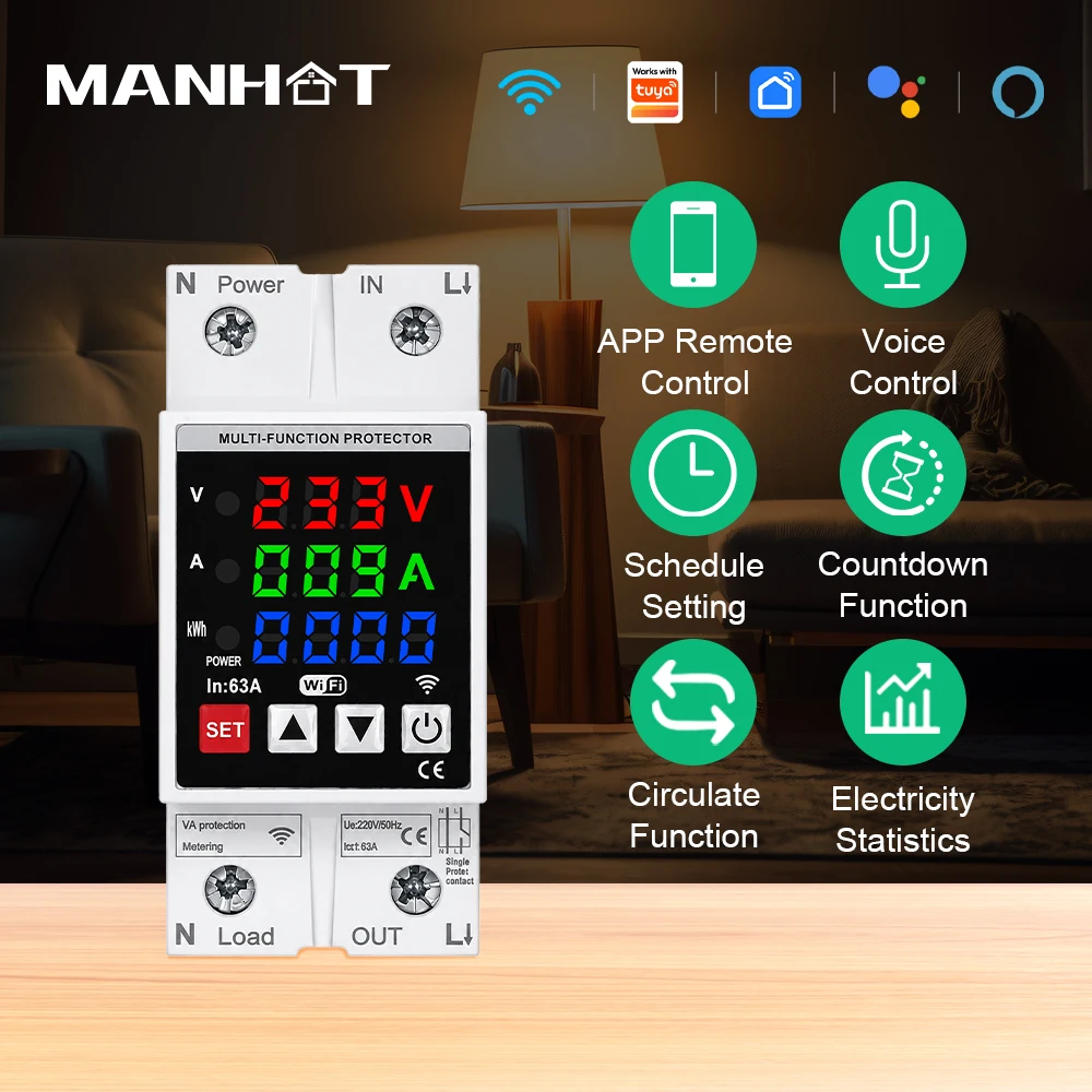 MANHOT 63A 2P WiFi Smart Circuit Breaker Energy Metering Temperature voltage Current Protection Work with Tuya Alexa Google Home