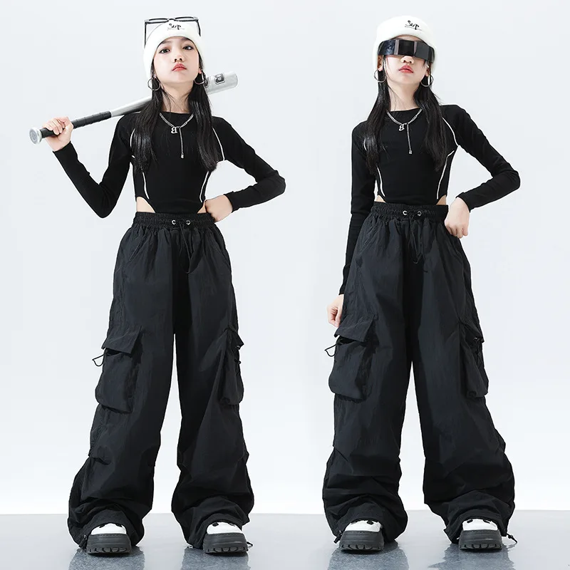 Trajes de Dança Jazz Hip Hop para Meninas Trajes de Dança Modelo Infantil Passarela Manga Longa Calças Pretas