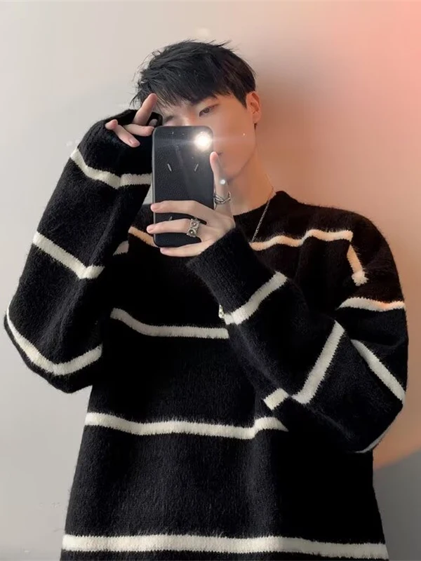 

Модный полосатый мужской свитер большого размера, свободный повседневный мягкий трикотаж, верхняя одежда, осень-зима, американский Sle, удобный вязаный...