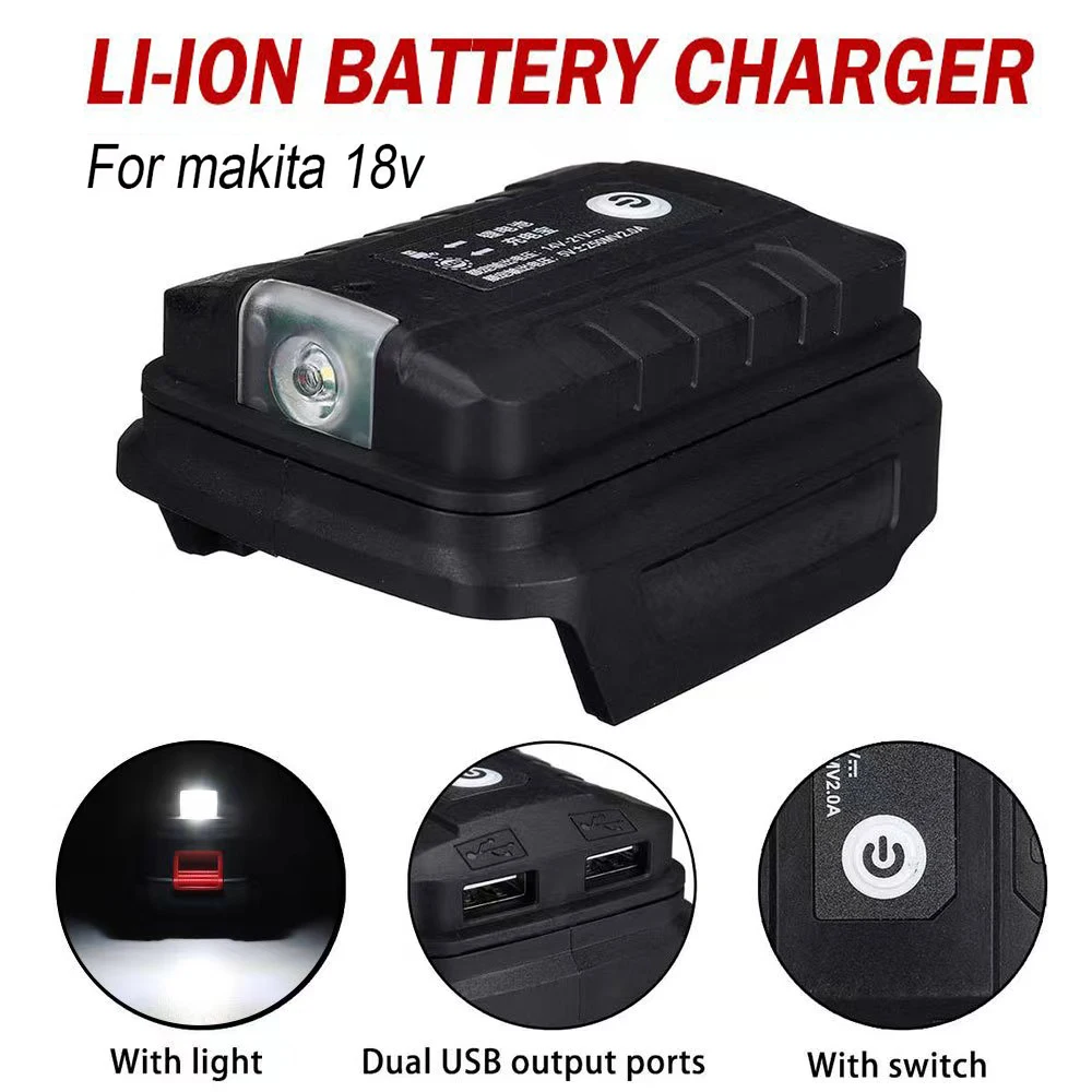 Battery Adapter For Makita 18V Li-ion Battery Dual USB Output Ports Converter Power Bank Phone Charger With LED Working Light