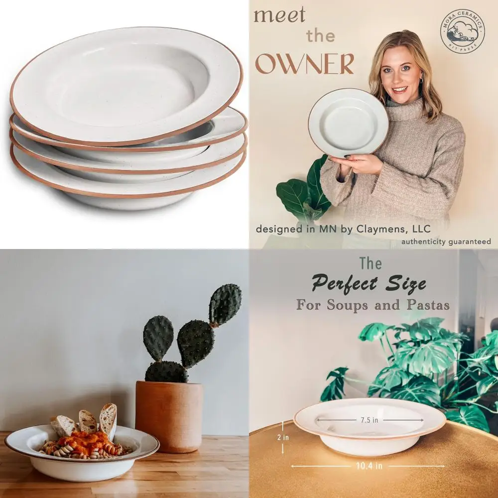 

ceramic wide rimmed soup bowl 25oz, set of 4 - for pasta, italian, spaghetti, dipping bread, fancy dinner etc. large plate/bowl