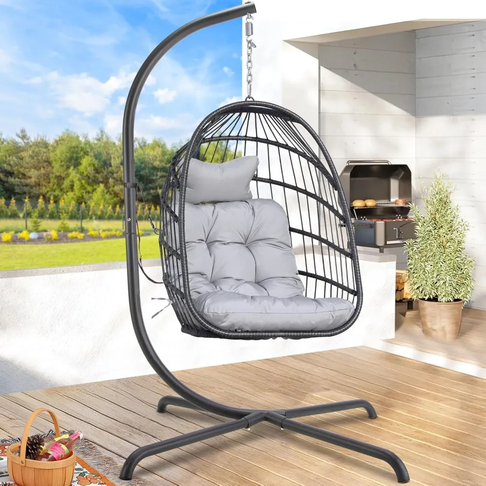 

Rattan Swing Egg Chair with Stand Outdoor, Comfy Hanging Wicker Chairs with Soft Cushion, Stable 350Lbs Patio Swinging Chair fo