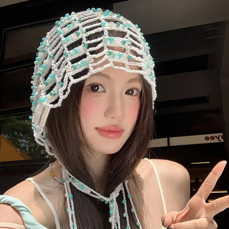 

Niche Boho Style Hand-beaded Openwork Fringed Pullover Knitted Hat Women's Summer Fashion Ethnic Style Crocheted Cold Caps