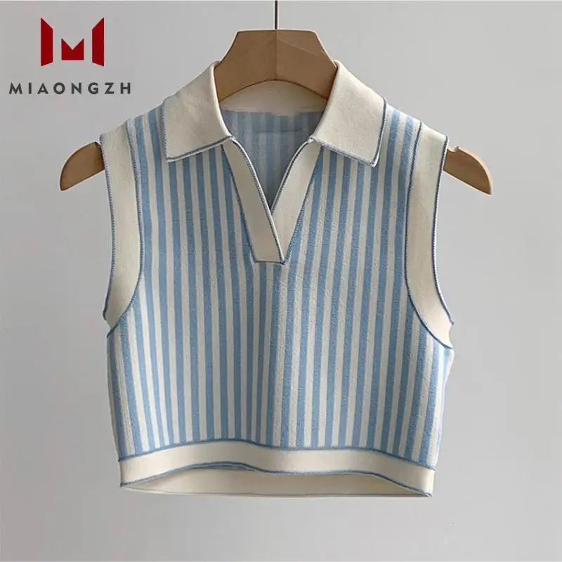 Slimming Luxury Knitted Striped Two Piece Set Women's Turn Down Collar Sleeveless Vest Top Casual A Line Mini Skirt Summer Suit