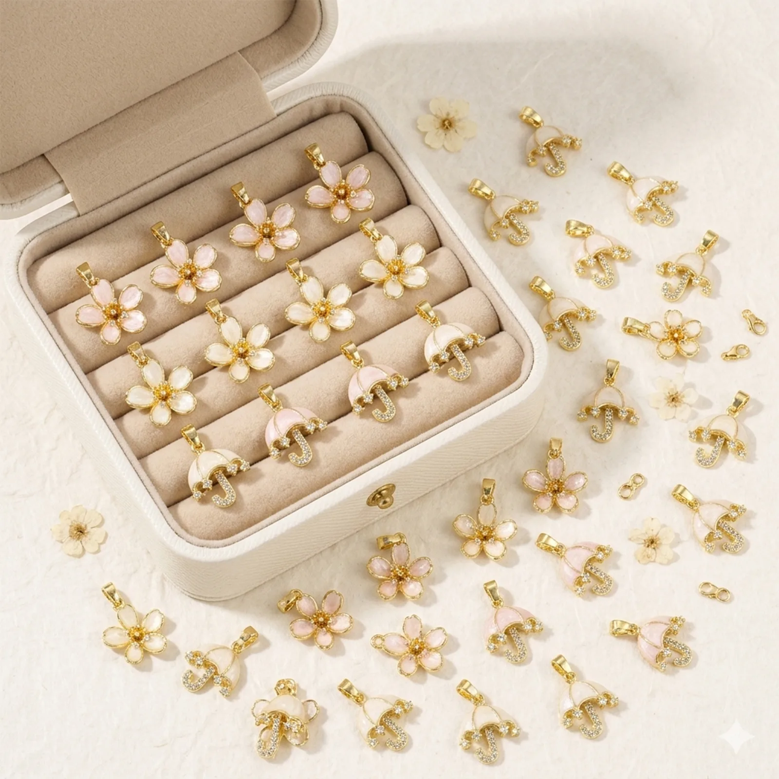 2 Stück 18k vergoldete Anhänger mit transparentem Zirkon, Perle, Regenschirm, Blume, Melonenkern, Schnalle, Messinganhänger für DIY-Halskettenherstellung. – Detail 3