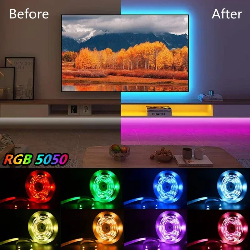 Imagem -06 - Usb Cor Mudar Led Strip Lights tv Backlight Rgb Fita de Lâmpada Flexível Decoração do Quarto Diodo Controle App 130m 5050