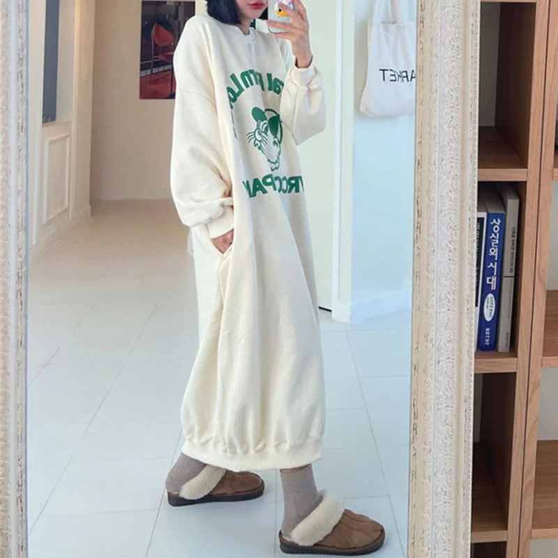 Autumn New Women Plus Fleece Hoodie Dress Pullover Printing Korean Loose Big Size Casual Chic Cartoon Streetwear Maxi Dress