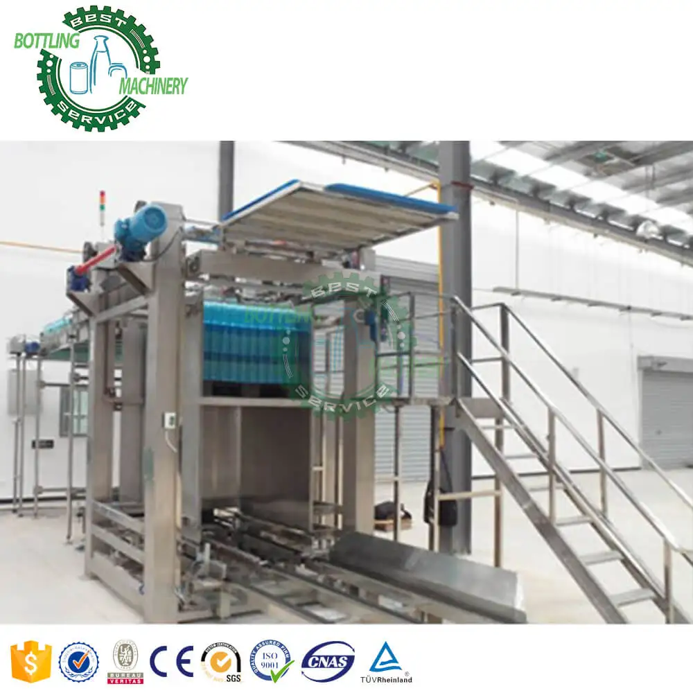 Stainless steel elevator forklift pallet conveyor sparkling soda water PET plastic empty beer can depalletizer machine