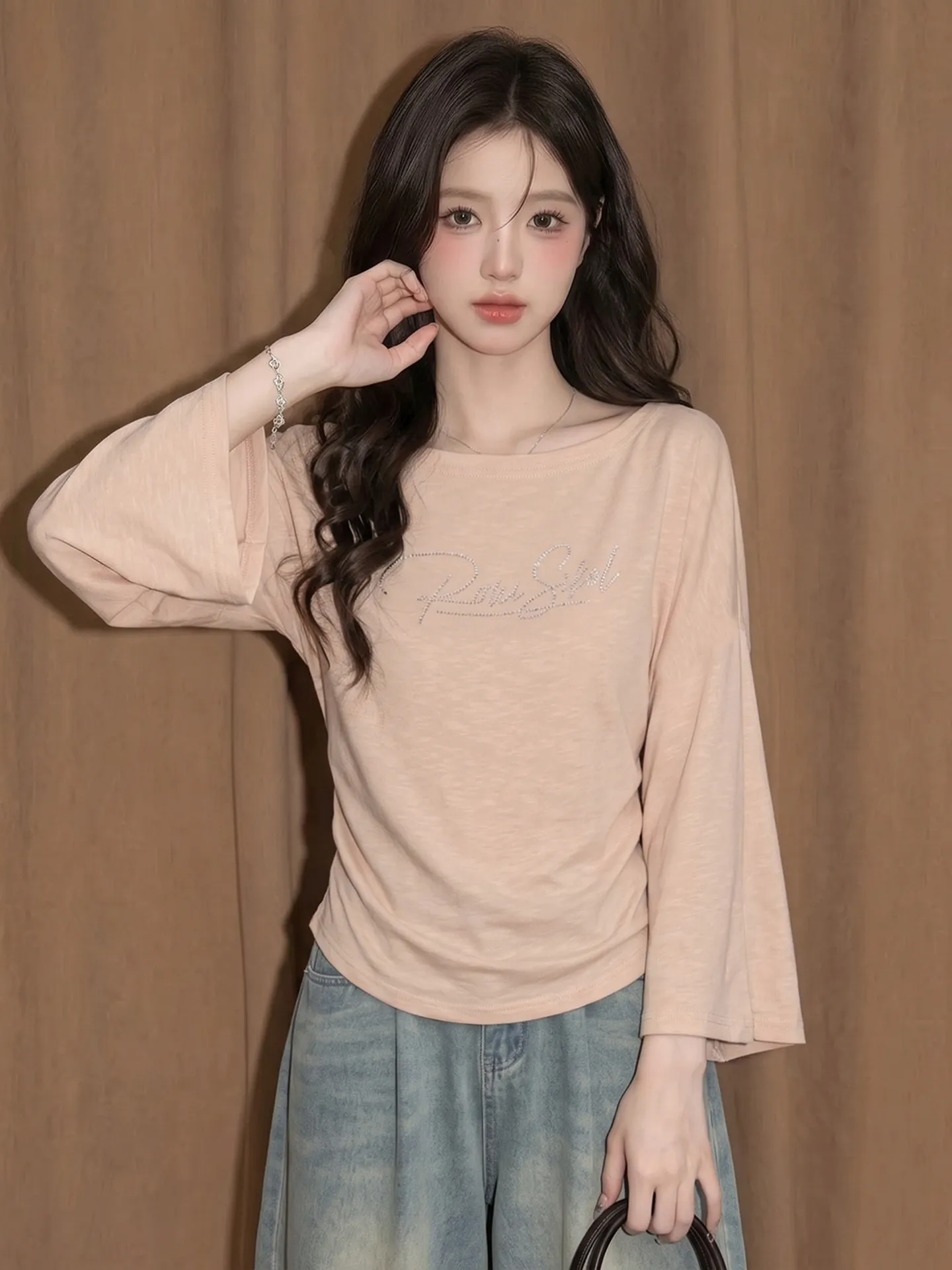 Pink Long Sleeve T-Shirt Women's Early Autumn Unique Beautiful Guangzhou Thirteenth Factory Great Looking Cotton Standard Fit