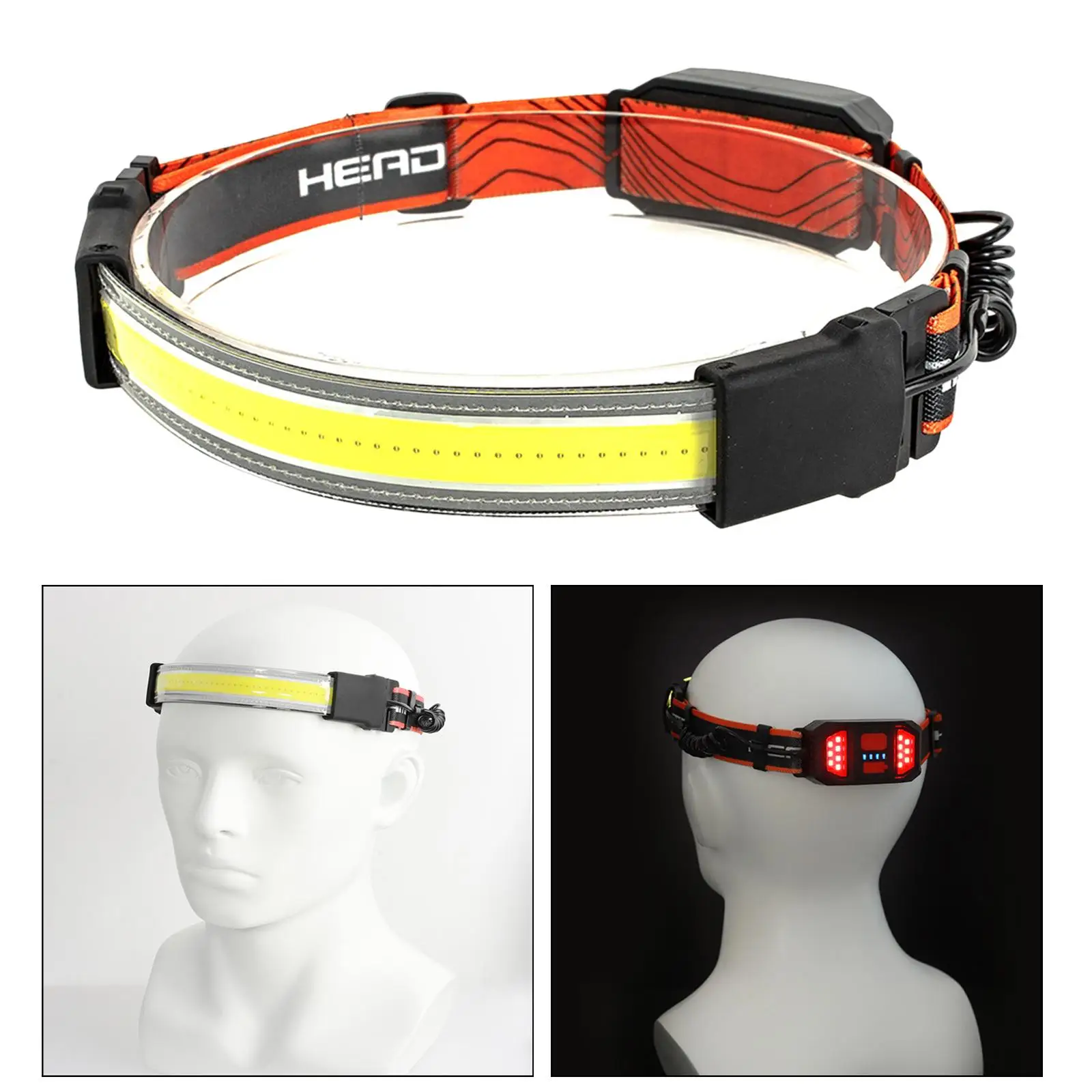 USB COB+LED Elastic Head Band Headlamp Torch Flashlight Bar 3 Modes