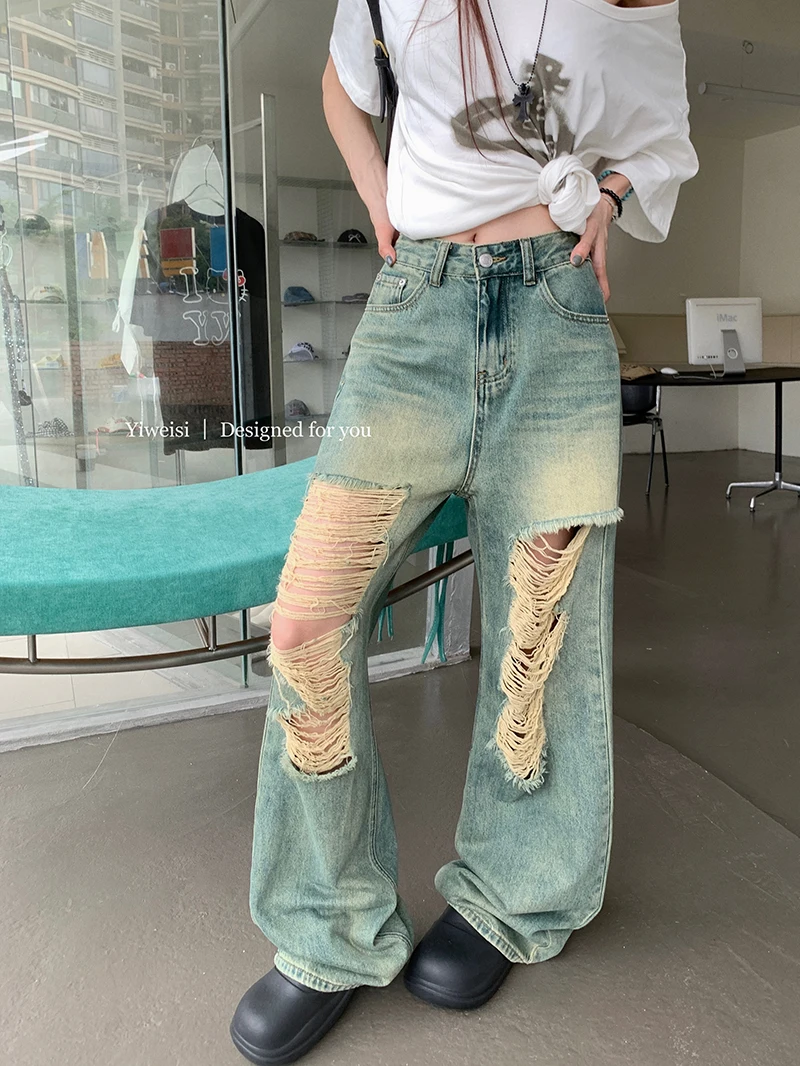 

Slergiri Streetwear boyfriend jeans women summer loose wide-leg washed blue big hole beggar straight mopping denim trousers