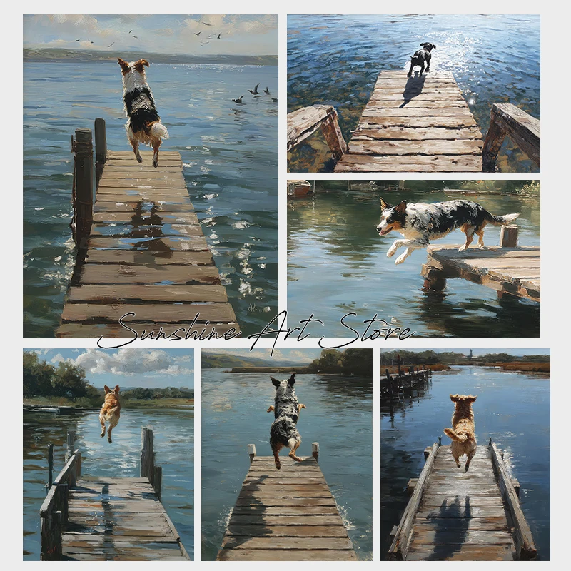 Happy Dog Jumping Off Dock Playing Wild Water Happy Summer Time River Art Poster Canvas Painting Wall Pictures Home Decor Gifts