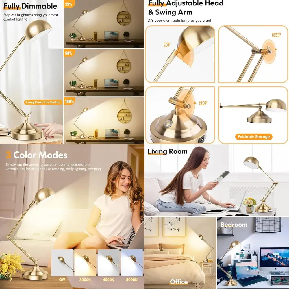 

Винтажная настольная лампа из латуни с сенсорным управлением, 3 цветовых варианта, регулировка яркости, USB-порт, регулируемая по высоте, для чтения и офисной работы