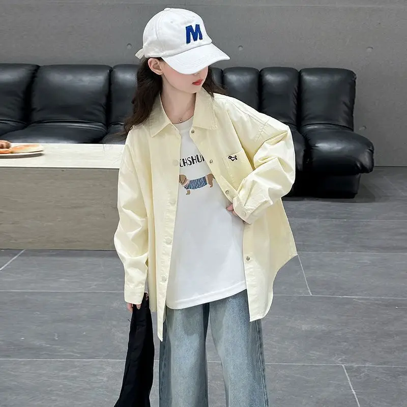 Girls Shirt with Trendy Jacket New Style Medium and Large Childrens Casual Cotton Shirt Dopamine Single Layer