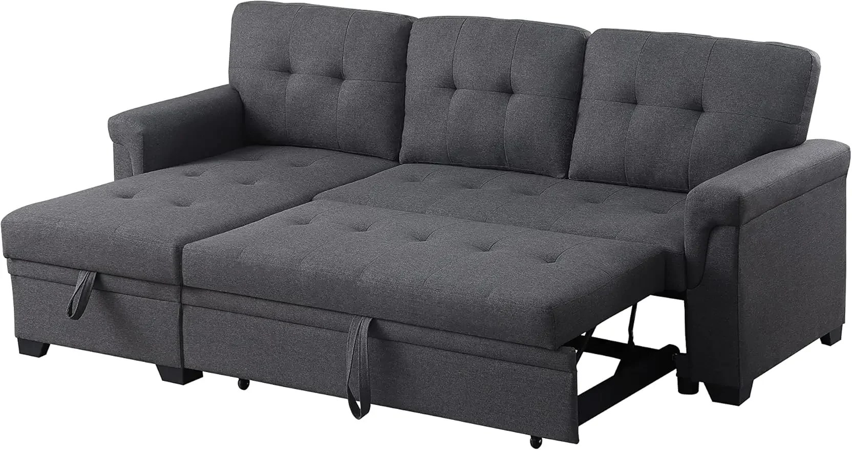 

84" W Dark Gray Linen Reversible Sleeper Sectional Sofa with Storage Chaise, 54"D x 84"W x 35"H