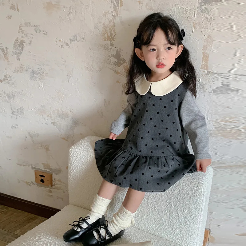 Childrens Sets Autumn Childrens Clothing Girl Wave Point Vest Skirt Doll Collar Bottom Layer Shirt Two Pieces Simple 2024 Loose