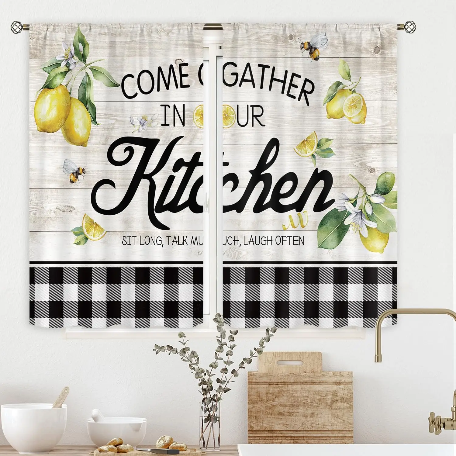 Rustic Lemon Kitchen Curtains, Farmhouse Wood Plank & Buffalo Check Drapes with Rod Pocket,  Window Panels