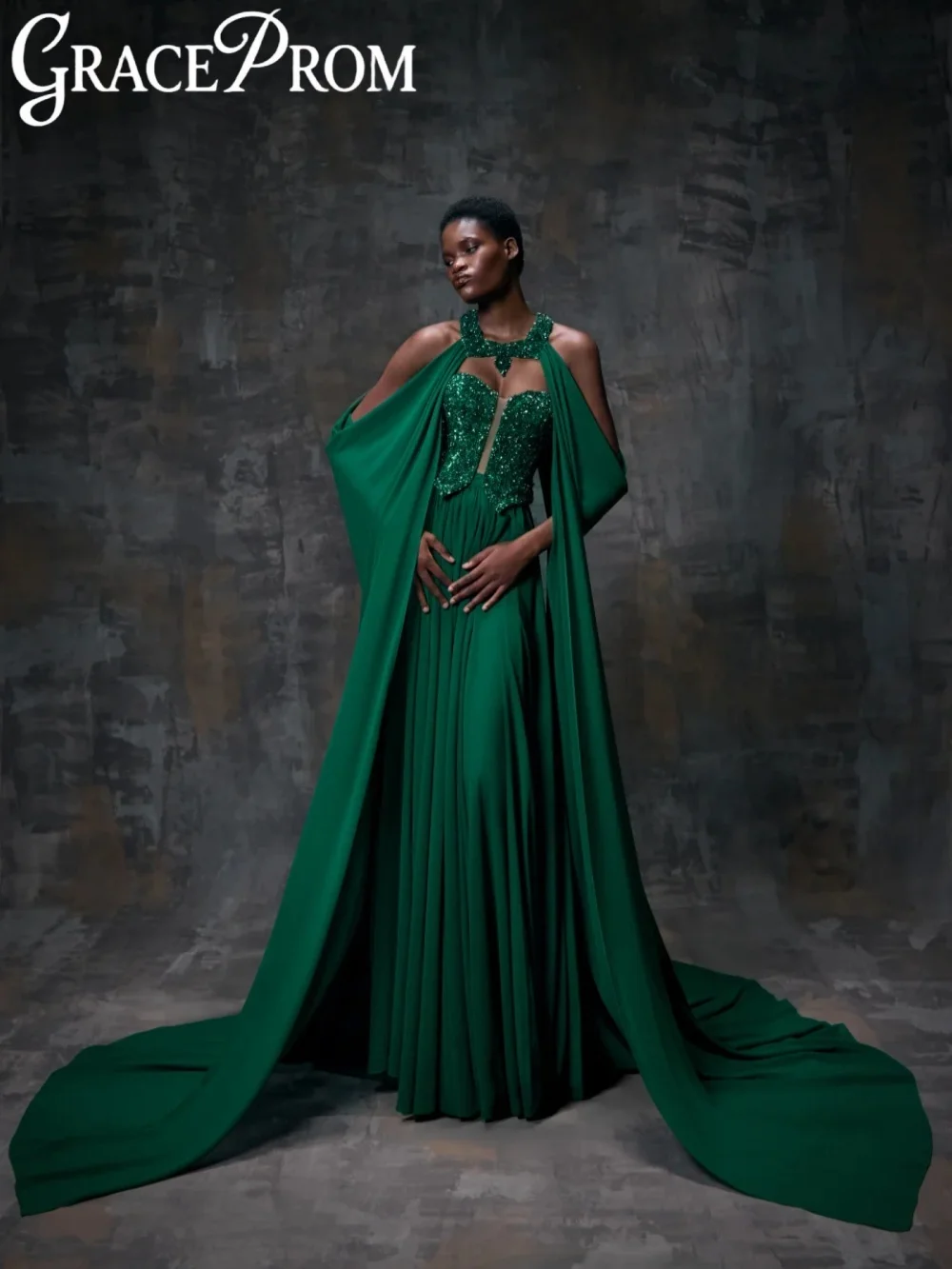 

Green Beaded Long Evening Dress Stylish Cape Sleeve A-line Wedding Party Gowns Customized Elegant Charming Banquet Gowns