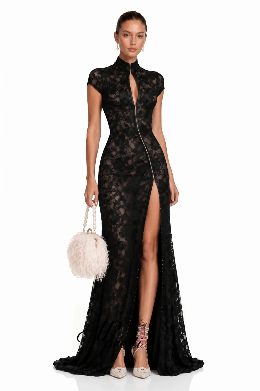 AP pretti Elegant Black High Neck Lace Evening Dress Customized Cap Sleeve Side High Split Mermaid Long Formal Party Gown 2027