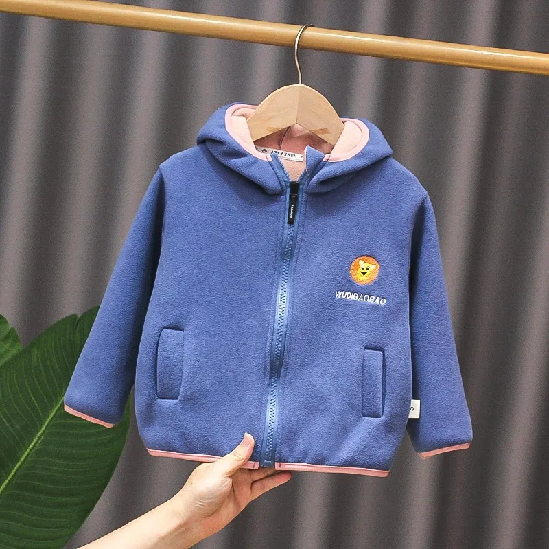 2024 Autumn winter new children\'s wool jacket spring jacket boys and girls hooded long sleeved cardigan zipper jacket1-8Y