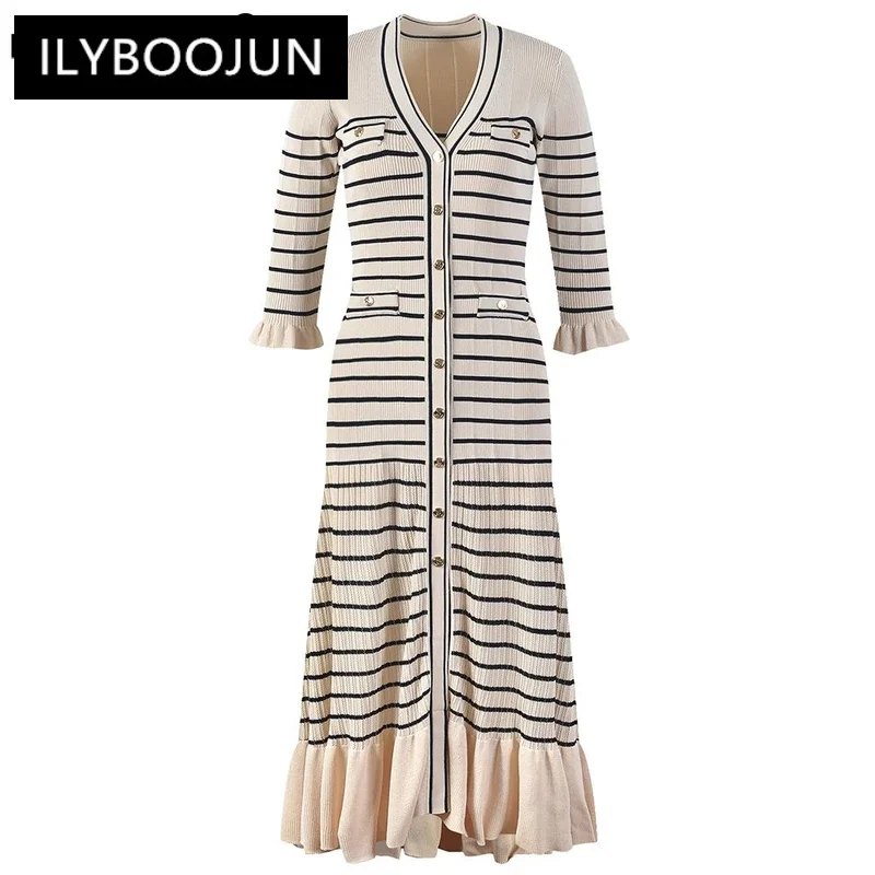 

Tender Women Full Long Stripped Knitted Dress V-neck Flare Sleeve Quality Gorgeous Designing For 2024 Luxury Brand High