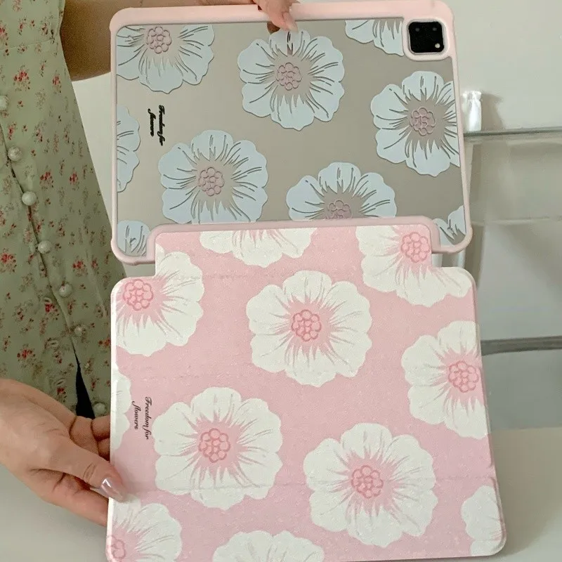 

Tri-fold Mirror with Pencil Holder Sweet Pink Floral Tablet Case for iPad Mini 6 7 8.3in Air1 2 5 6 Pro 9.7in 2017-2018 Cover