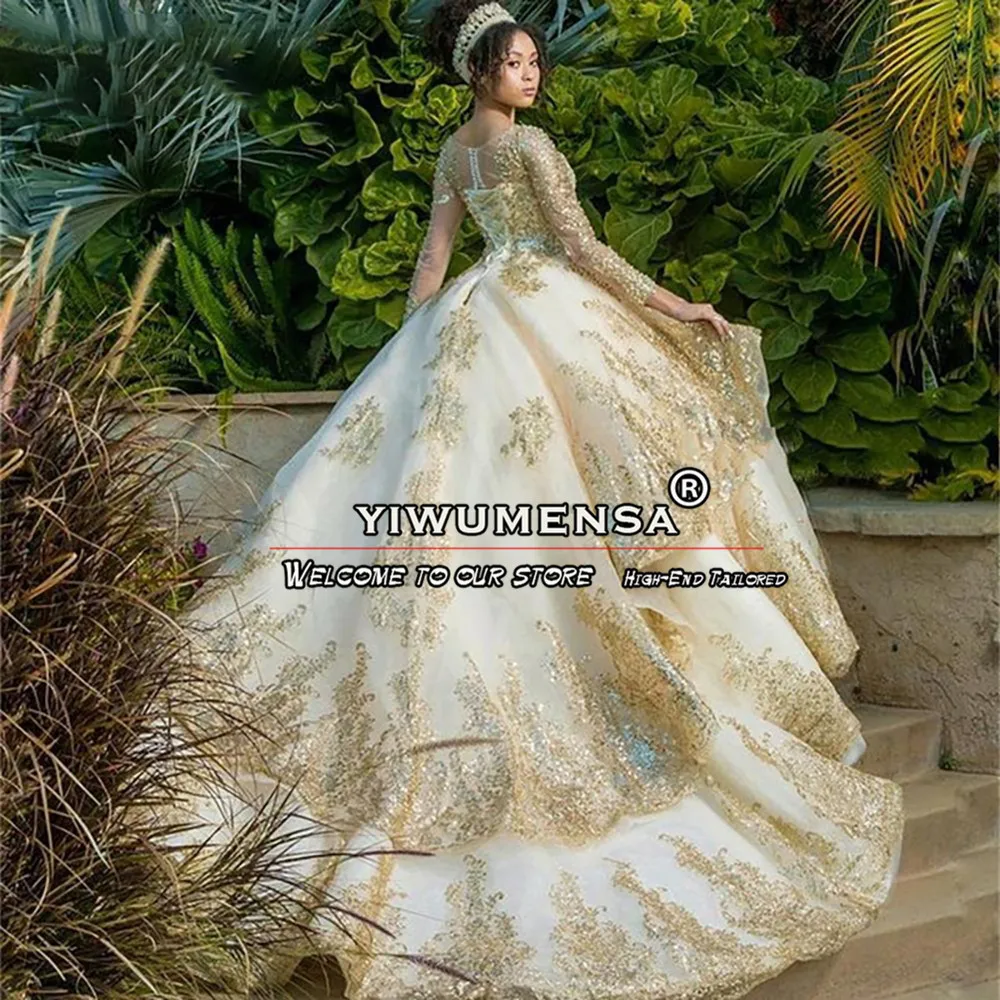 Vestido de noiva com lantejoulas douradas para mulheres, vestidos de casamento modernos, vestido de banquete formal, vestido de princesa, vestido de festa personalizado