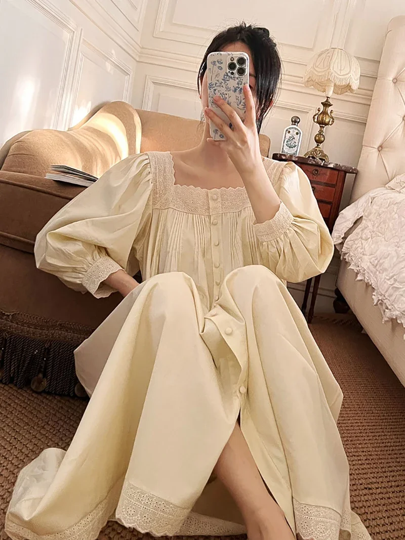 Women Night Dress Spring Autumn Pure Cotton Long Sleeve Peignoir Romantic Vintage Nightgowns Sleepwear Princess Nightwear