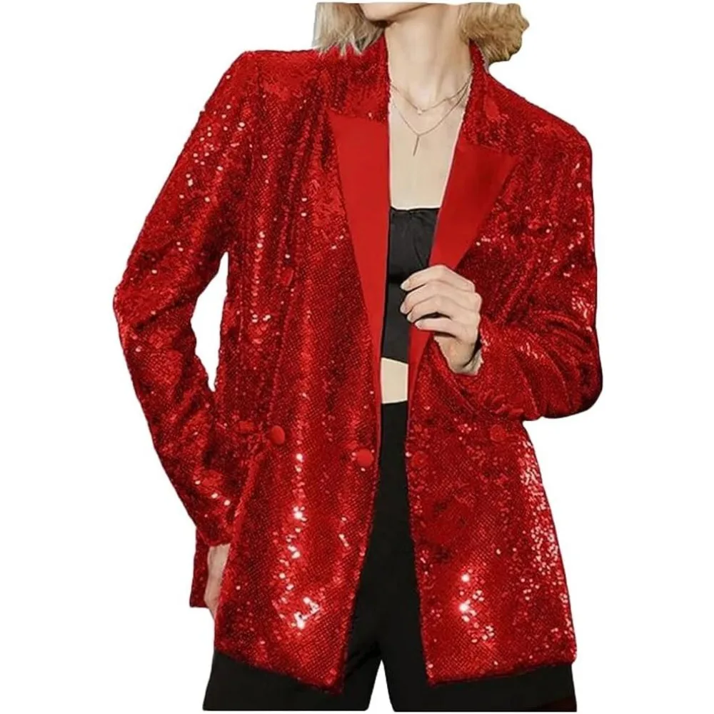 

Женский двубортный пиджак с пайетками, свободный стильный пиджак с лацканами и длинными рукавами, пальто для выпускного вечера